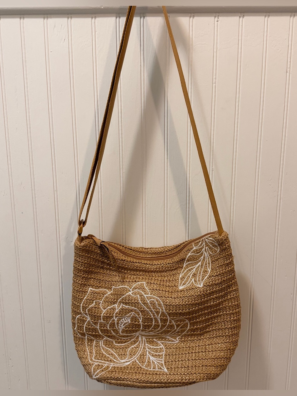 Vera Bradley Tan Woven Shoulder Bag with White Floral Embroidery